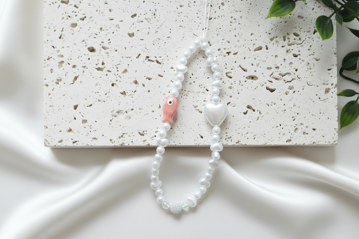 Pearl necklace with heart-shaped pink pendant on a textured surface
