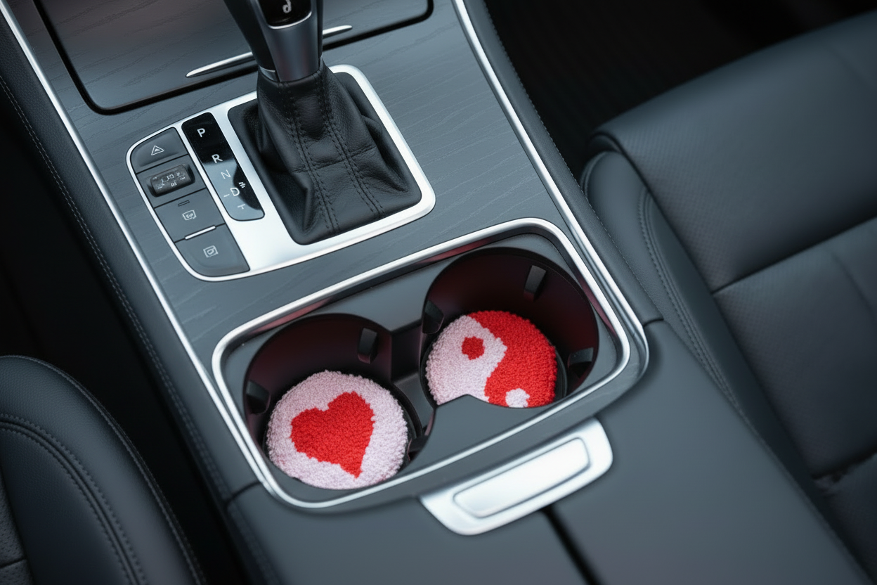 Car gear shift with heart-shaped and yin yang-patterned coasters in the cup holder.