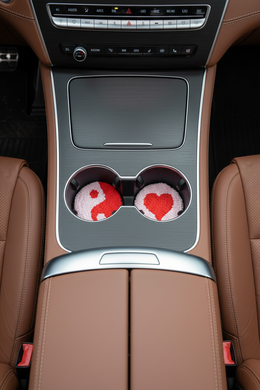 Car console with cup holders featuring heart designs on a brown leather interior.
