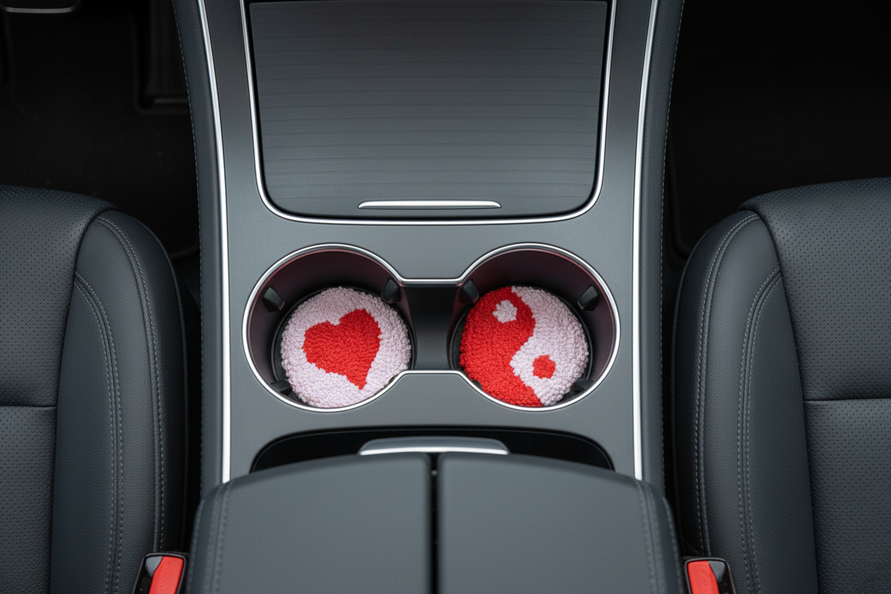 Car cup holder with heart and yin yang coasters on a black interior background