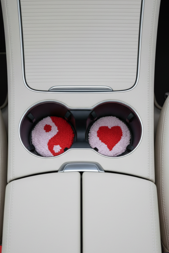 Car cup holder with decorative coasters shaped like a heart and a yin yang symbol.