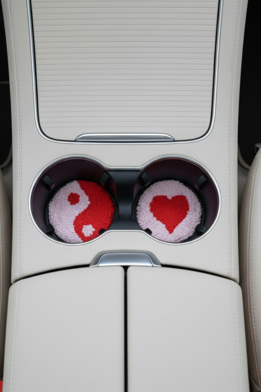 Car cup holder with decorative coasters shaped like a heart and a yin yang symbol.