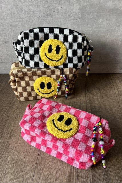 Checkered Tufted Smiley Make-up Bag