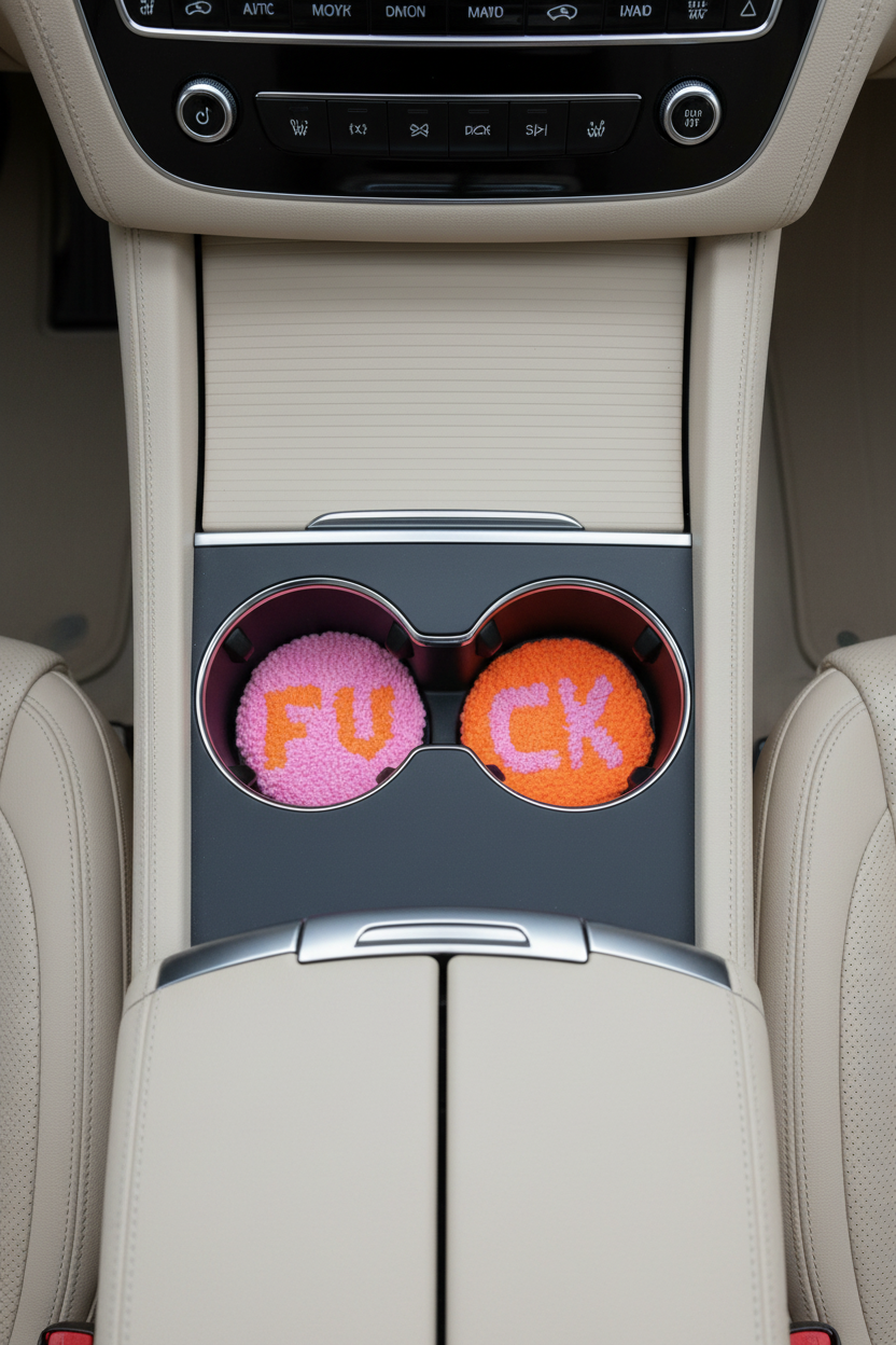 Car cup holder with two colorful coasters displaying offensive language, surrounded by car interior.